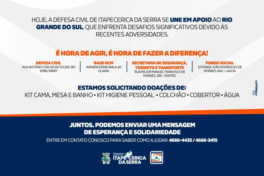 Itapecerica da Serra: Defesa Civil organiza campanha de doação para famílias do Rio Grande do Sul