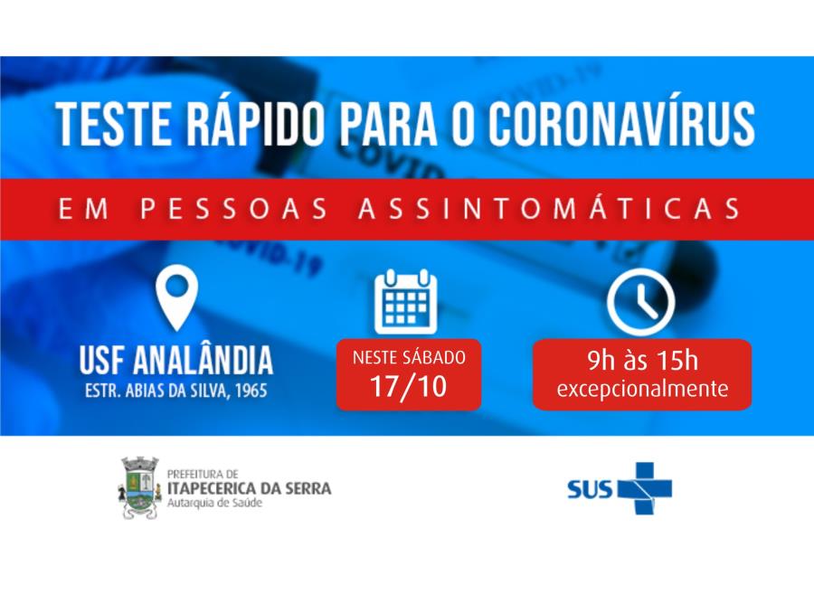 Itapecerica da Serra: Pessoas assintomáticas podem fazer teste do coronavírus neste sábado, 17
